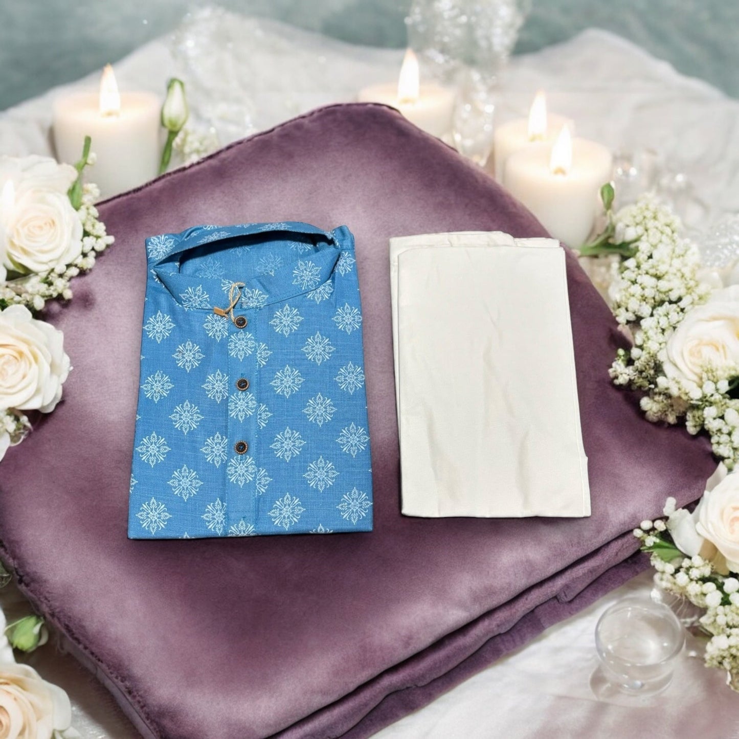 TRADITIONAL- BOYS SKY BLUE PRINTED KURTA PAJAMA - 6415