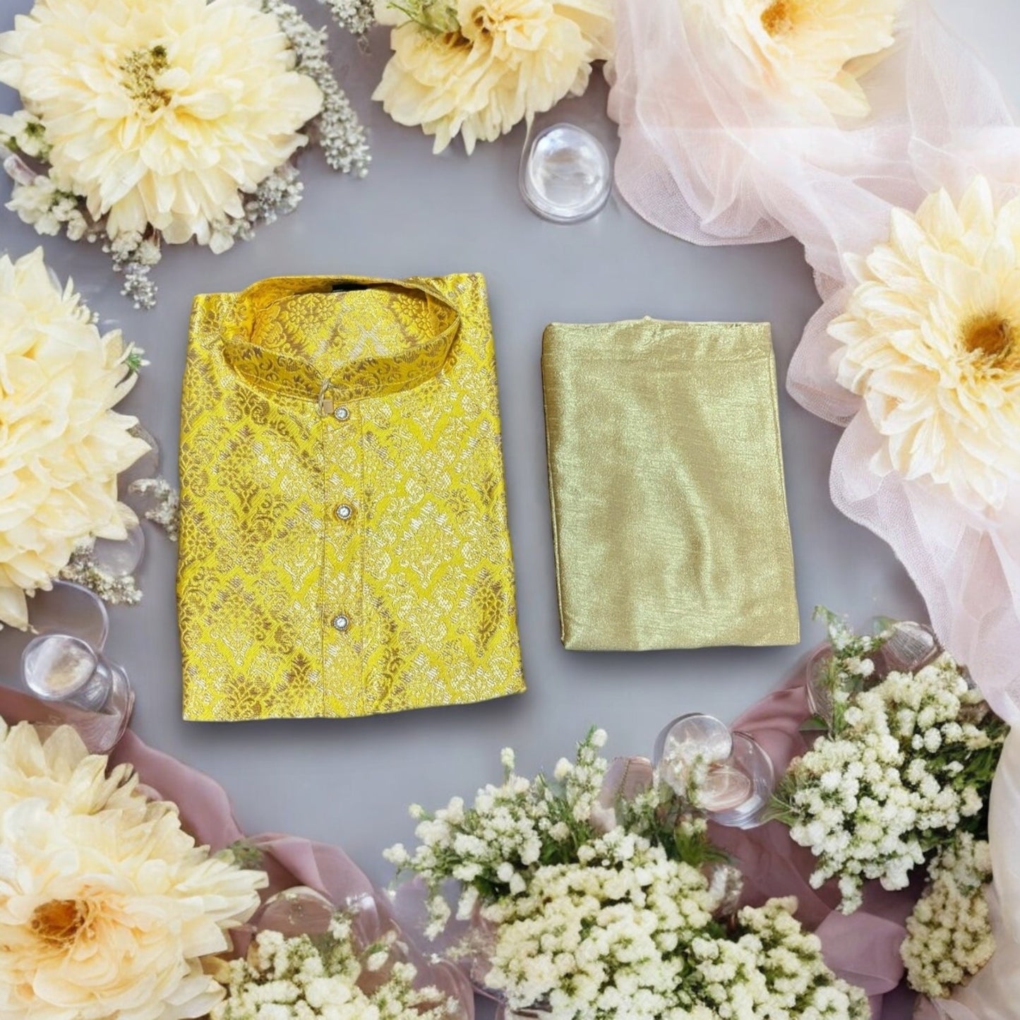 TRADITIONAL- BOYS YELLOW SILK KURTA PAJAMA - 6251