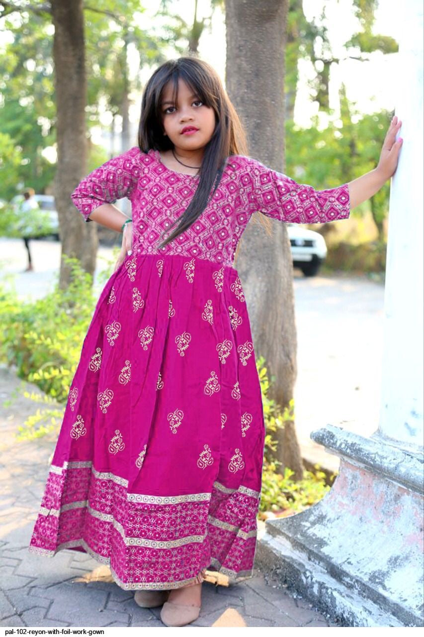 TRADITIONAL FOIL PRINTED GOWN SUIT FOR YOUNG GIRLS - ETHNIC WEAR - 08