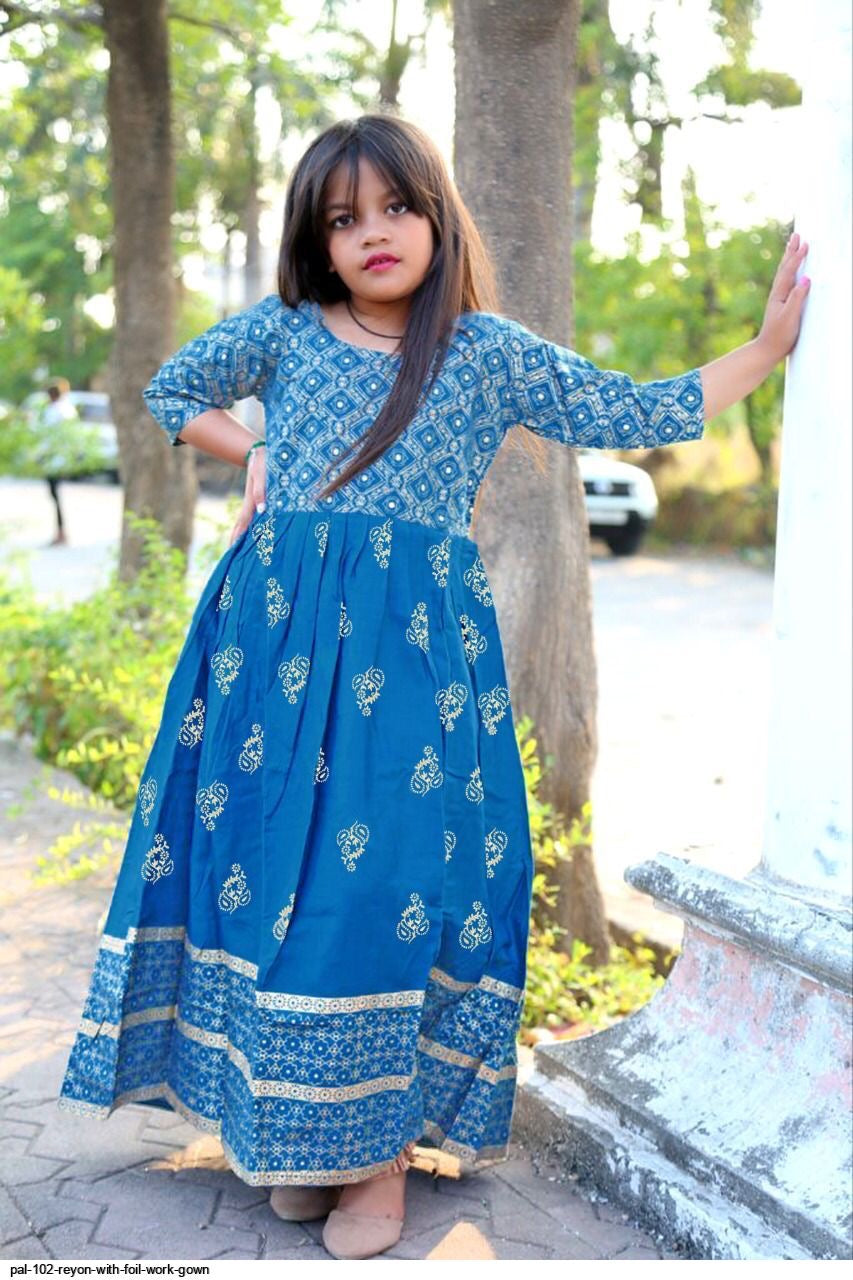 TRADITIONAL FOIL PRINTED GOWN SUIT FOR YOUNG GIRLS - ETHNIC WEAR - F