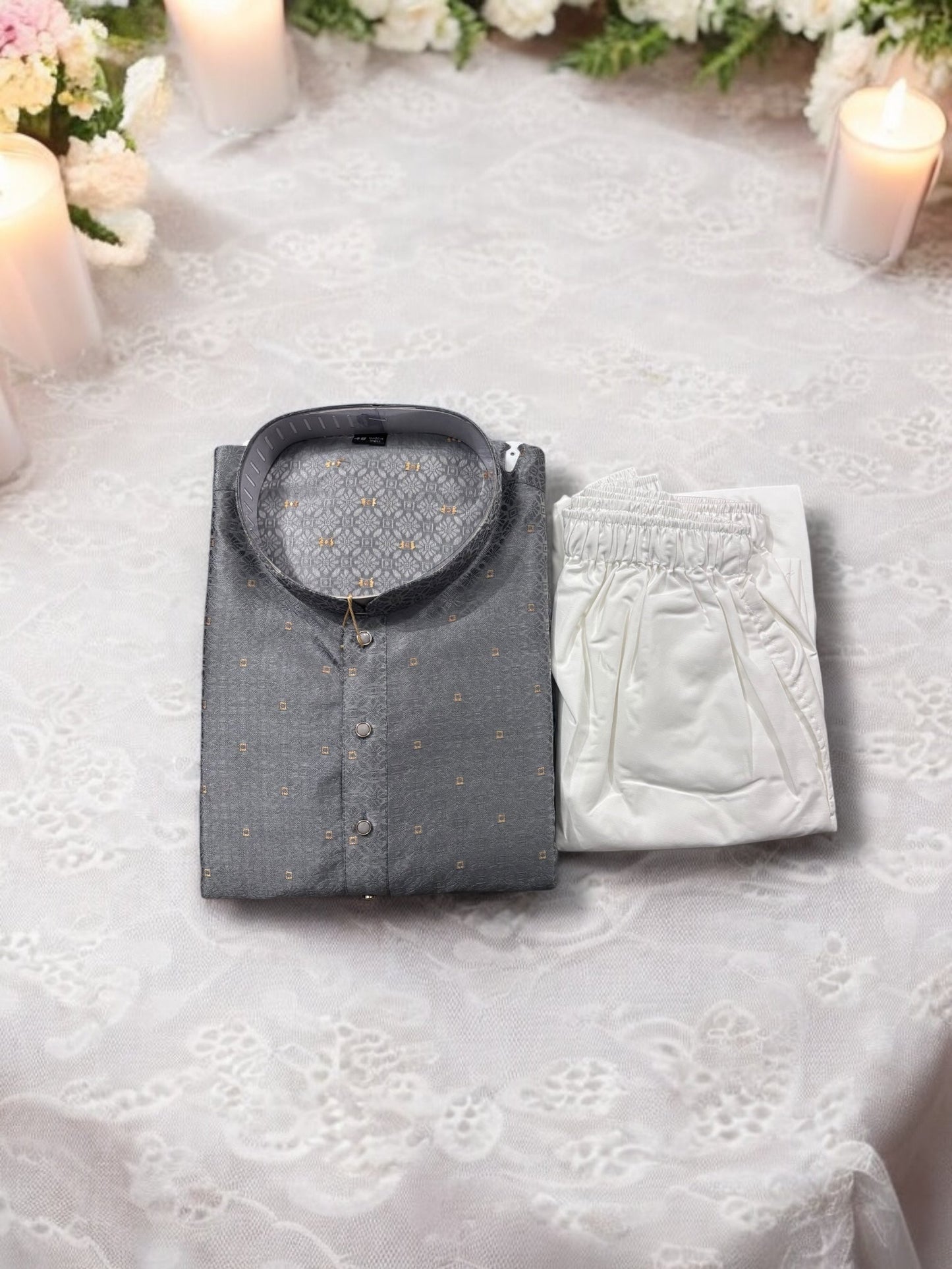 TRADITIONAL MEN'S GRAY COLOR SILK KURTA PAJAMA SET – ETHNIC WEAR- 6916