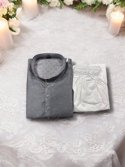 TRADITIONAL MEN'S GRAY COLOR SILK KURTA PAJAMA SET – ETHNIC WEAR- 6916