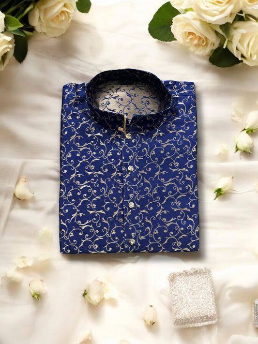 TRADITIONAL MEN'S NAVY BLUE COLOR SILK KURTA – ETHNIC WEAR - 6220
