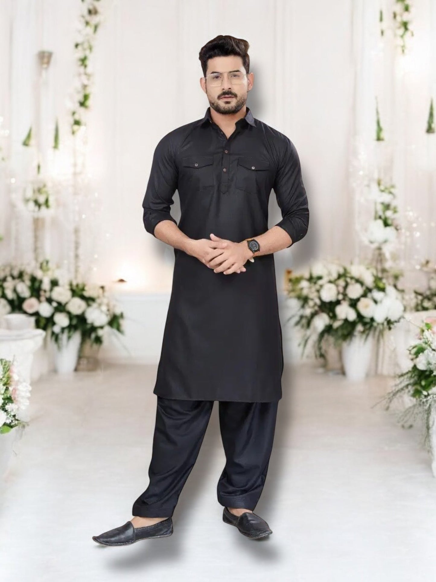 TRADITIONAL BLACK PATHANI COTTON KURTA PAJAMA OUTFIT FOR MEN