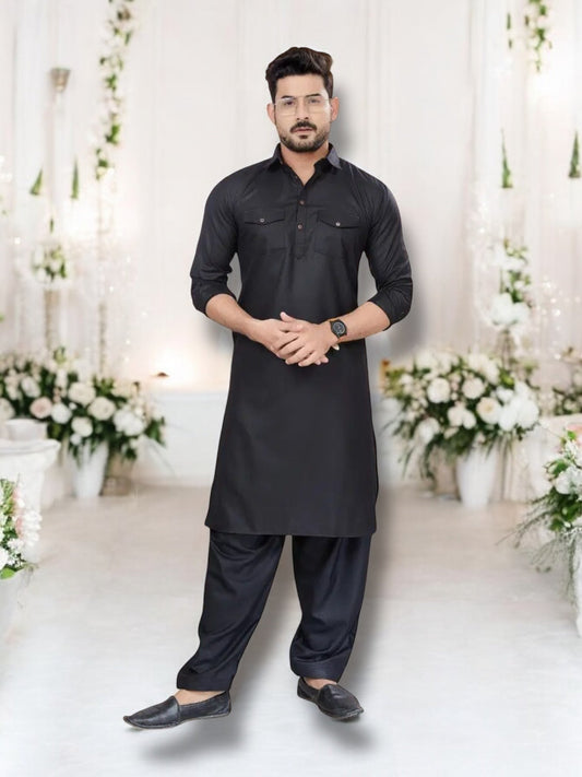 TRADITIONAL BLACK PATHANI COTTON KURTA PAJAMA OUTFIT FOR MEN