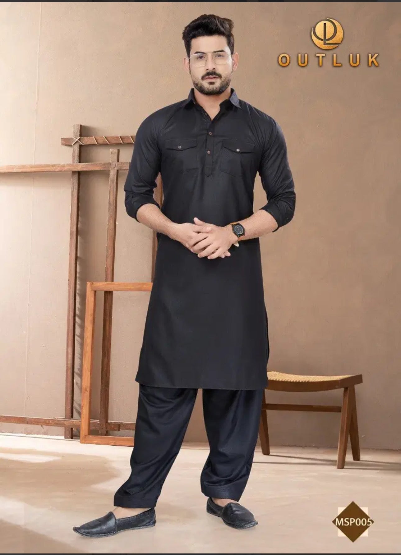 TRADITIONAL BLACK PATHANI COTTON KURTA PAJAMA OUTFIT FOR MEN