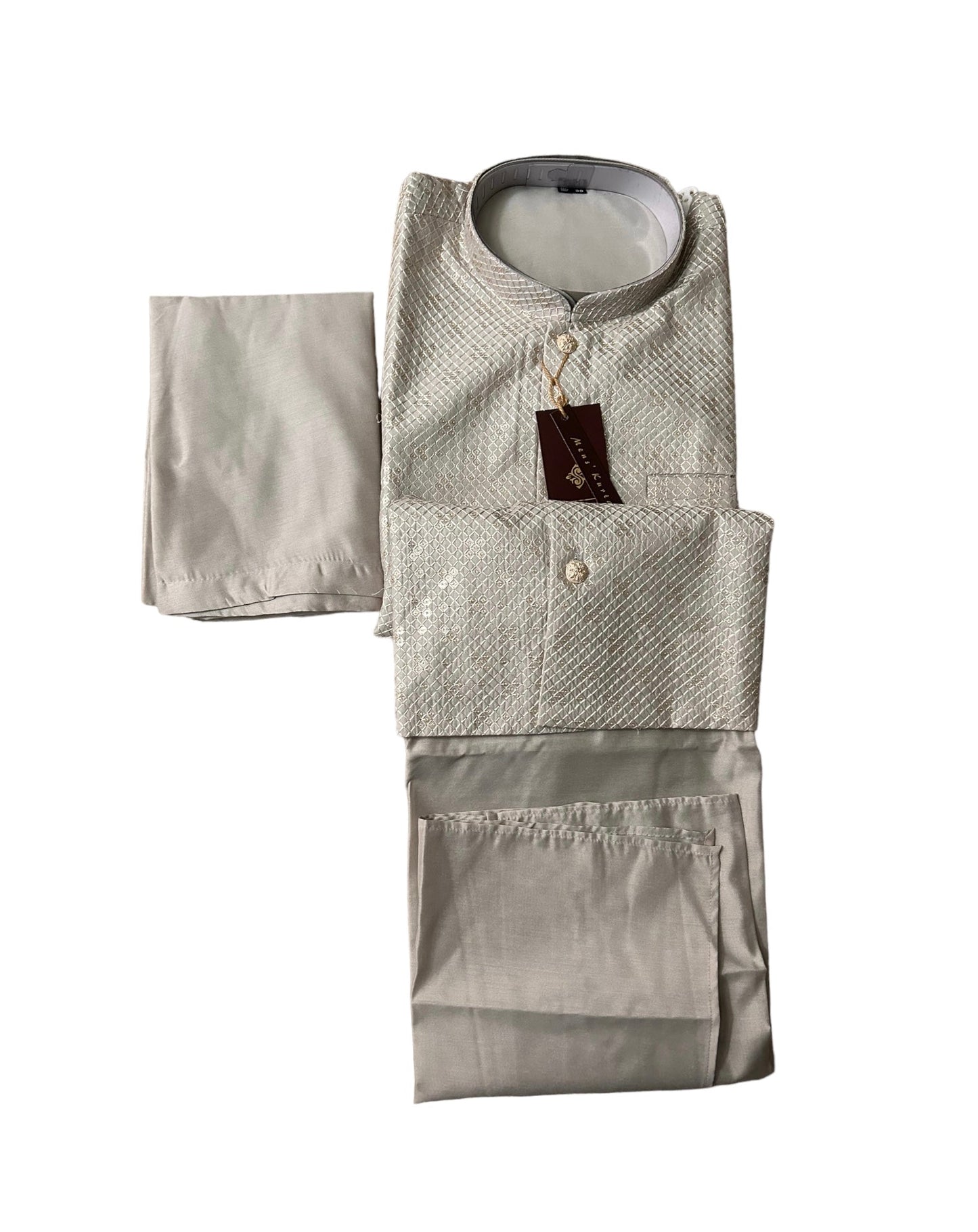 TRADITIONAL GRAY SILK KURTA SET FOR MEN WITH PANT AND COAT - HT6423