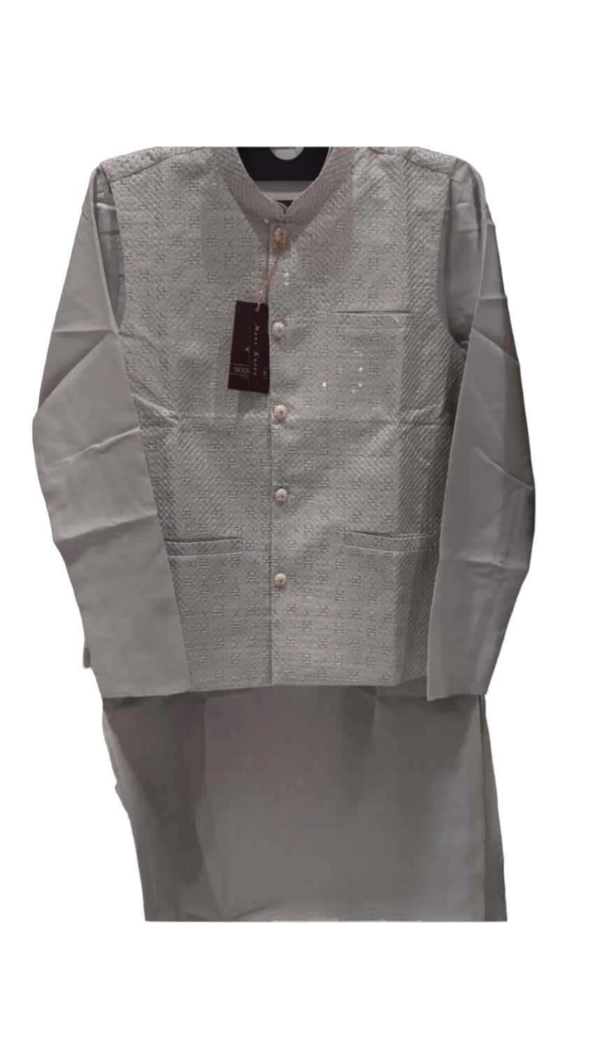 TRADITIONAL GRAY SILK KURTA SET FOR MEN WITH PANT AND COAT - HT6423