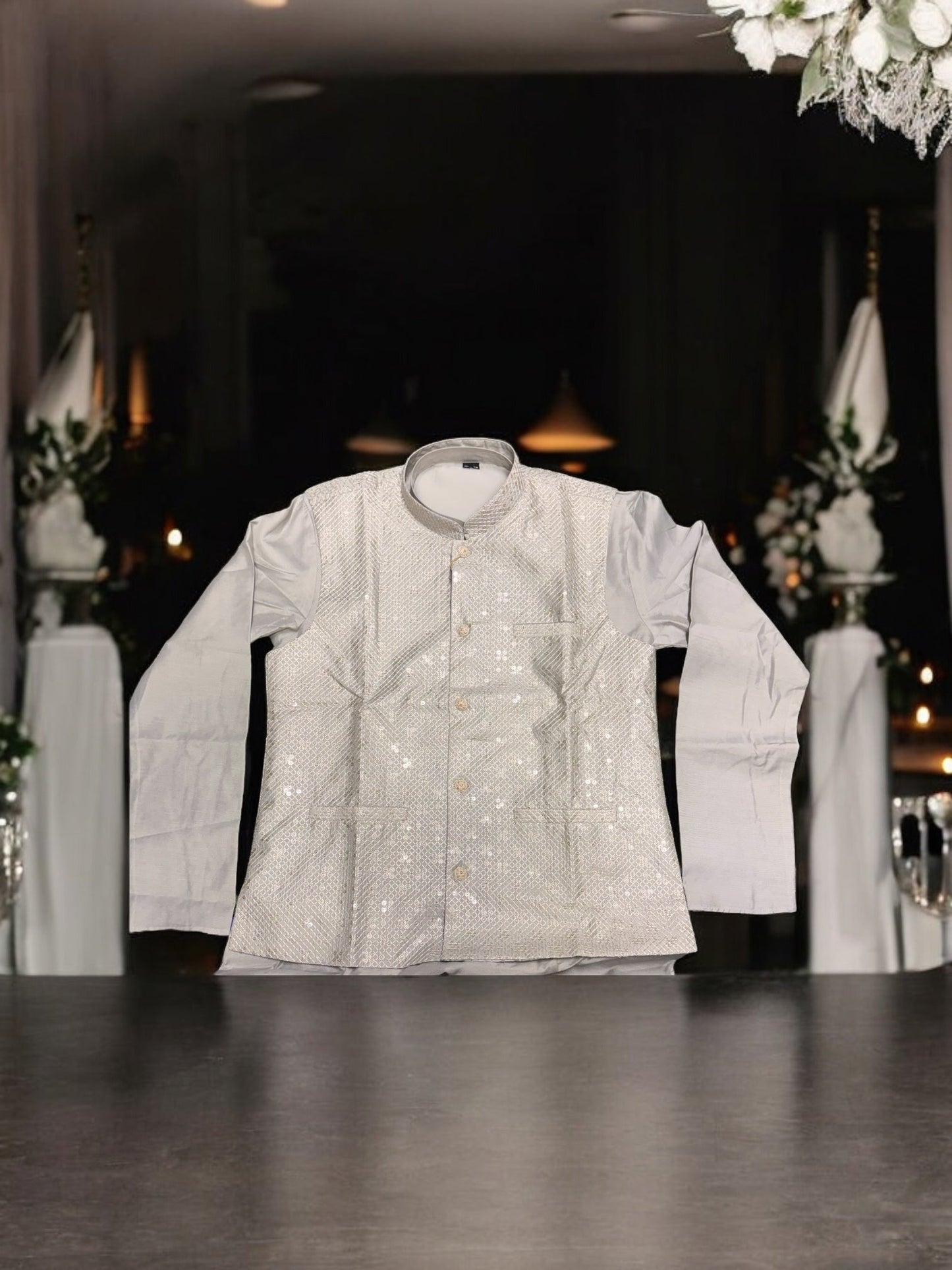 TRADITIONAL GRAY SILK KURTA SET FOR MEN WITH PANT AND COAT - HT6423