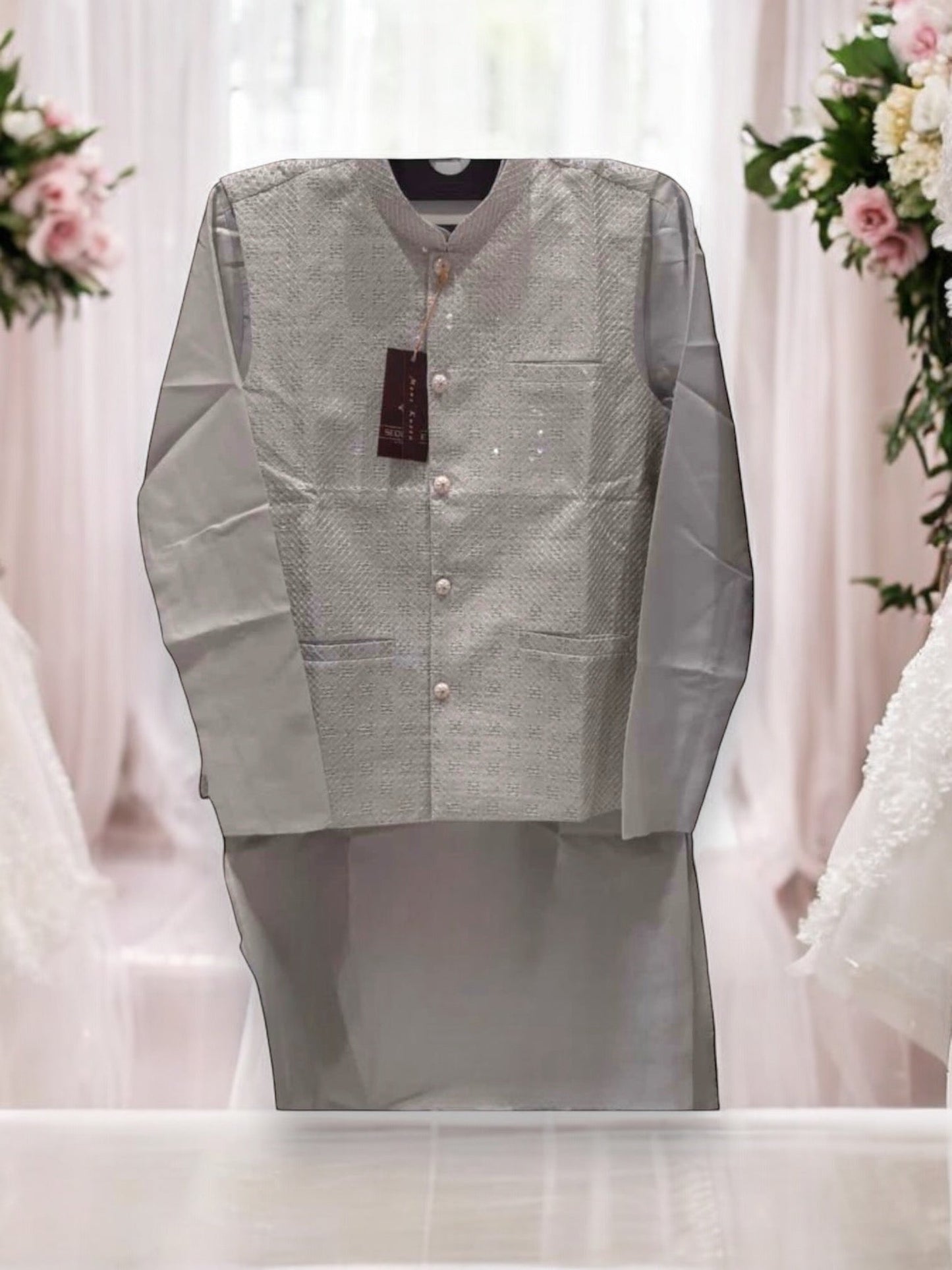TRADITIONAL GRAY SILK KURTA SET FOR MEN WITH PANT AND COAT - HT6423