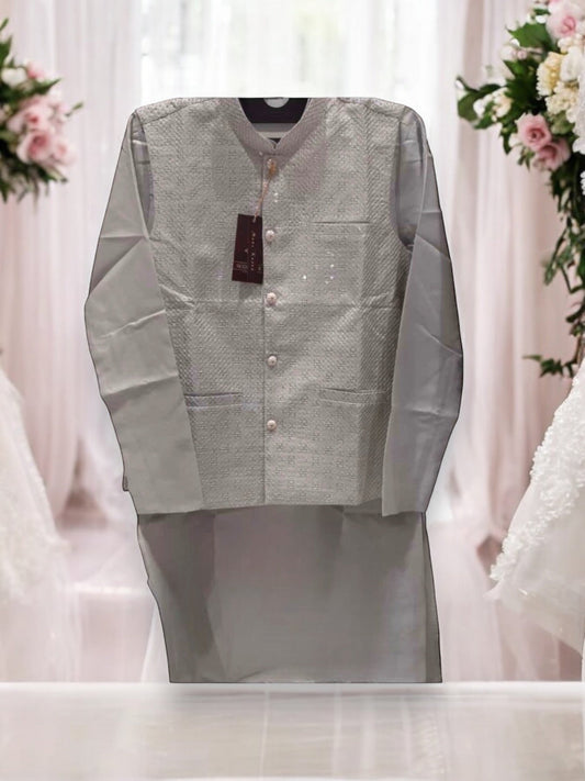 TRADITIONAL GRAY SILK KURTA SET FOR MEN WITH PANT AND COAT - HT6423