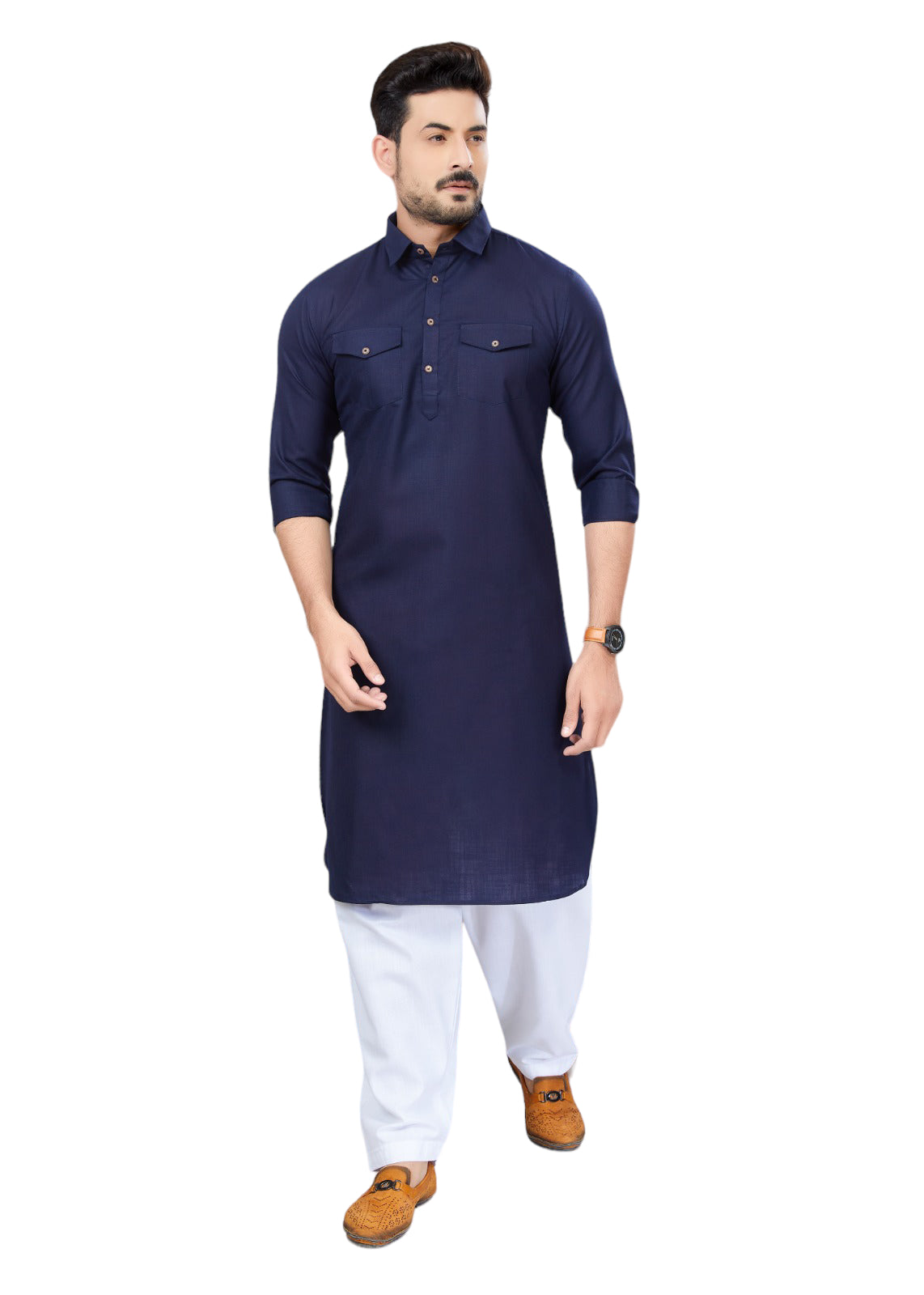TRADITIONAL NAVY BLUE PATHANI COTTON KURTA PAJAMA OUTFIT– ETHNIC WEAR FOR MENS