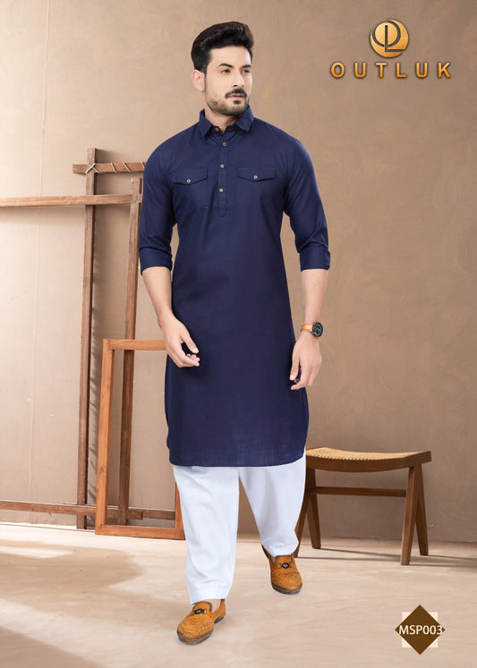 TRADITIONAL NAVY BLUE PATHANI COTTON KURTA PAJAMA OUTFIT– ETHNIC WEAR FOR MENS