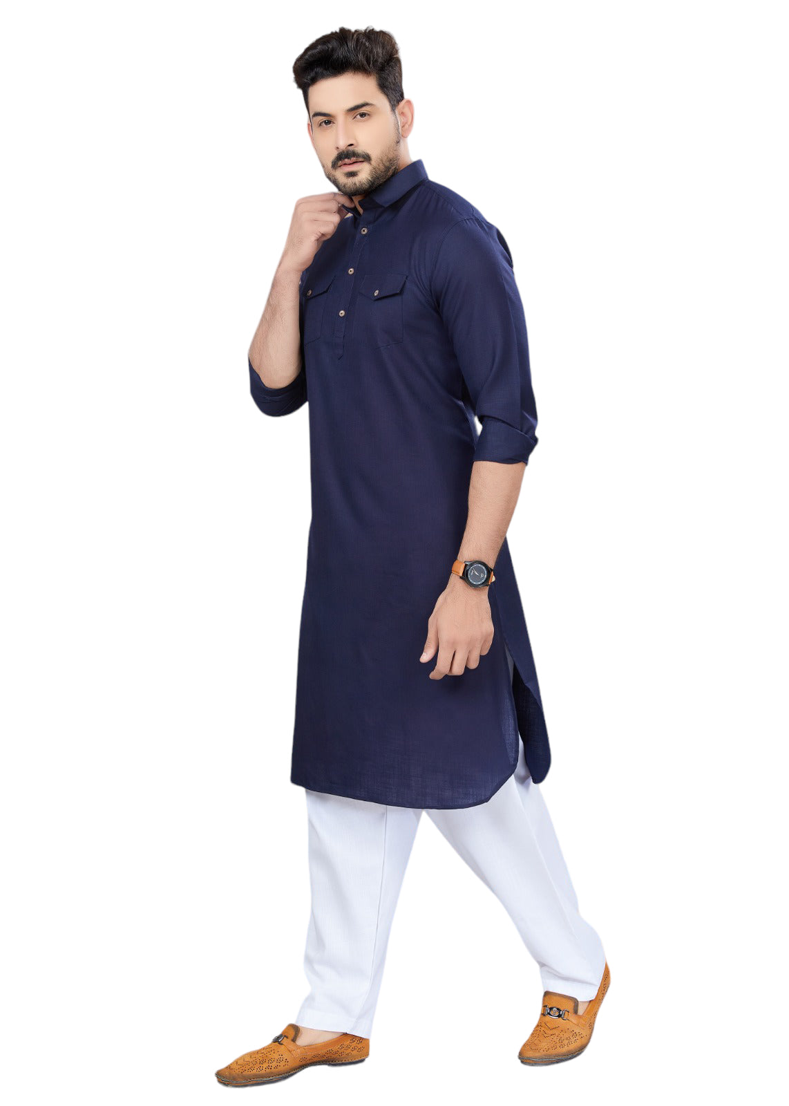 TRADITIONAL NAVY BLUE PATHANI COTTON KURTA PAJAMA OUTFIT– ETHNIC WEAR FOR MENS