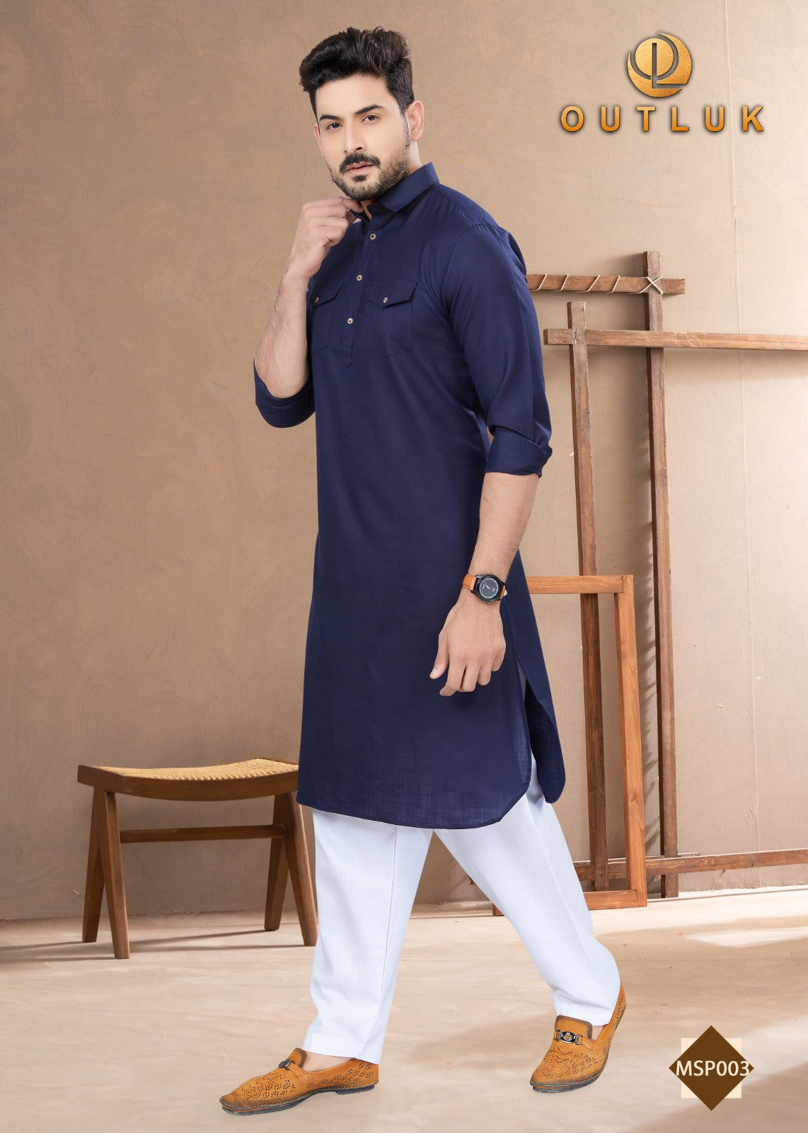 TRADITIONAL NAVY BLUE PATHANI COTTON KURTA PAJAMA OUTFIT– ETHNIC WEAR FOR MENS