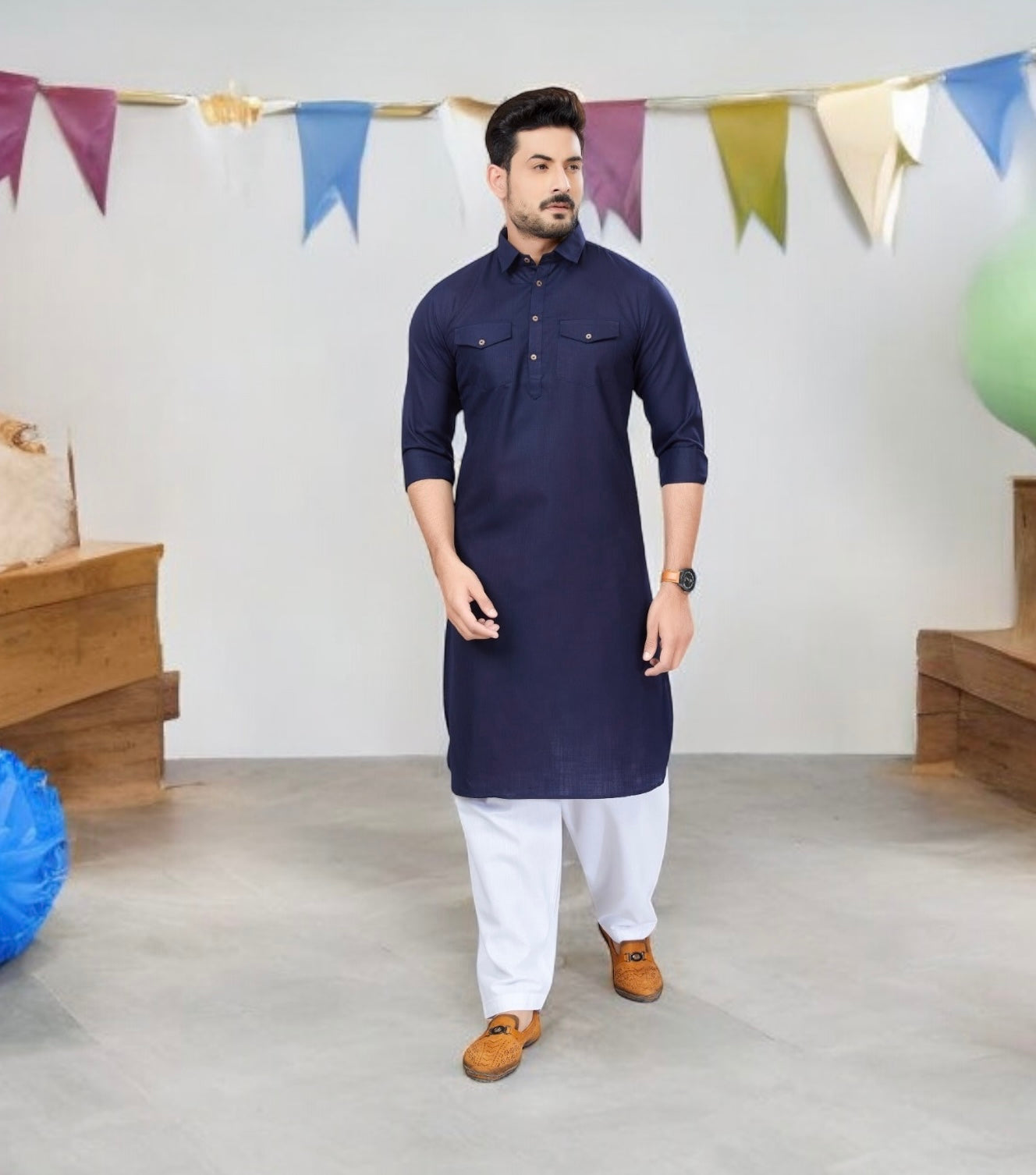 TRADITIONAL NAVY BLUE PATHANI COTTON KURTA PAJAMA OUTFIT– ETHNIC WEAR FOR MENS