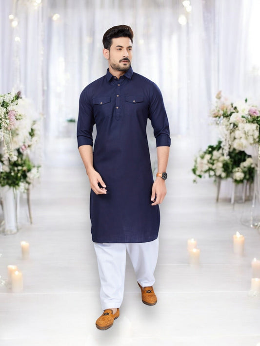 TRADITIONAL NAVY BLUE PATHANI COTTON KURTA PAJAMA OUTFIT– ETHNIC WEAR FOR MENS