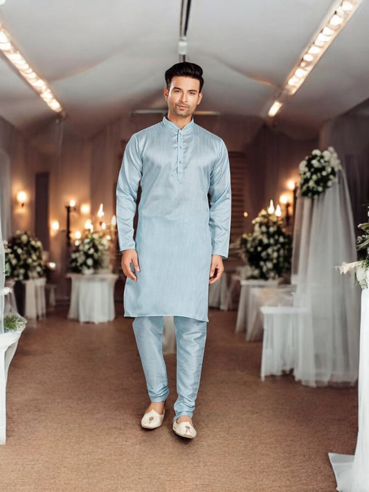 TRADITIONAL SKY BLUE SILK KURTA PAJAMA SET FOR MEN
