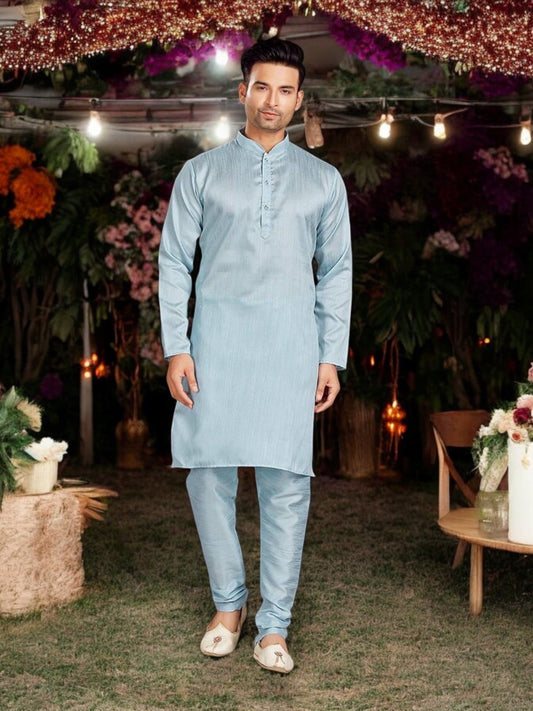 TRADITIONAL SKY BLUE SILK KURTA PAJAMA SET FOR MEN