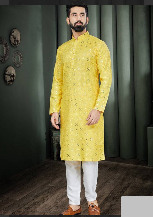 TRADITIONAL YELLOW COLOR PARTY WEAR MEN'S KURTA PAJAMA CATALOG 801-A
