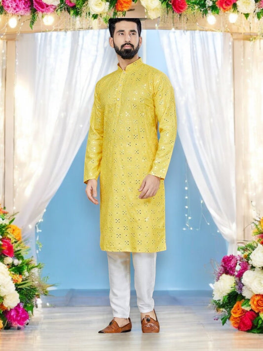TRADITIONAL YELLOW COLOR PARTY WEAR MEN'S KURTA PAJAMA CATALOG 801-A