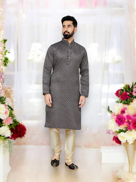 TRADITIONAL BLACK JACQUARD KURTA PAJAMA SET– ETHNIC WEAR FOR MENS