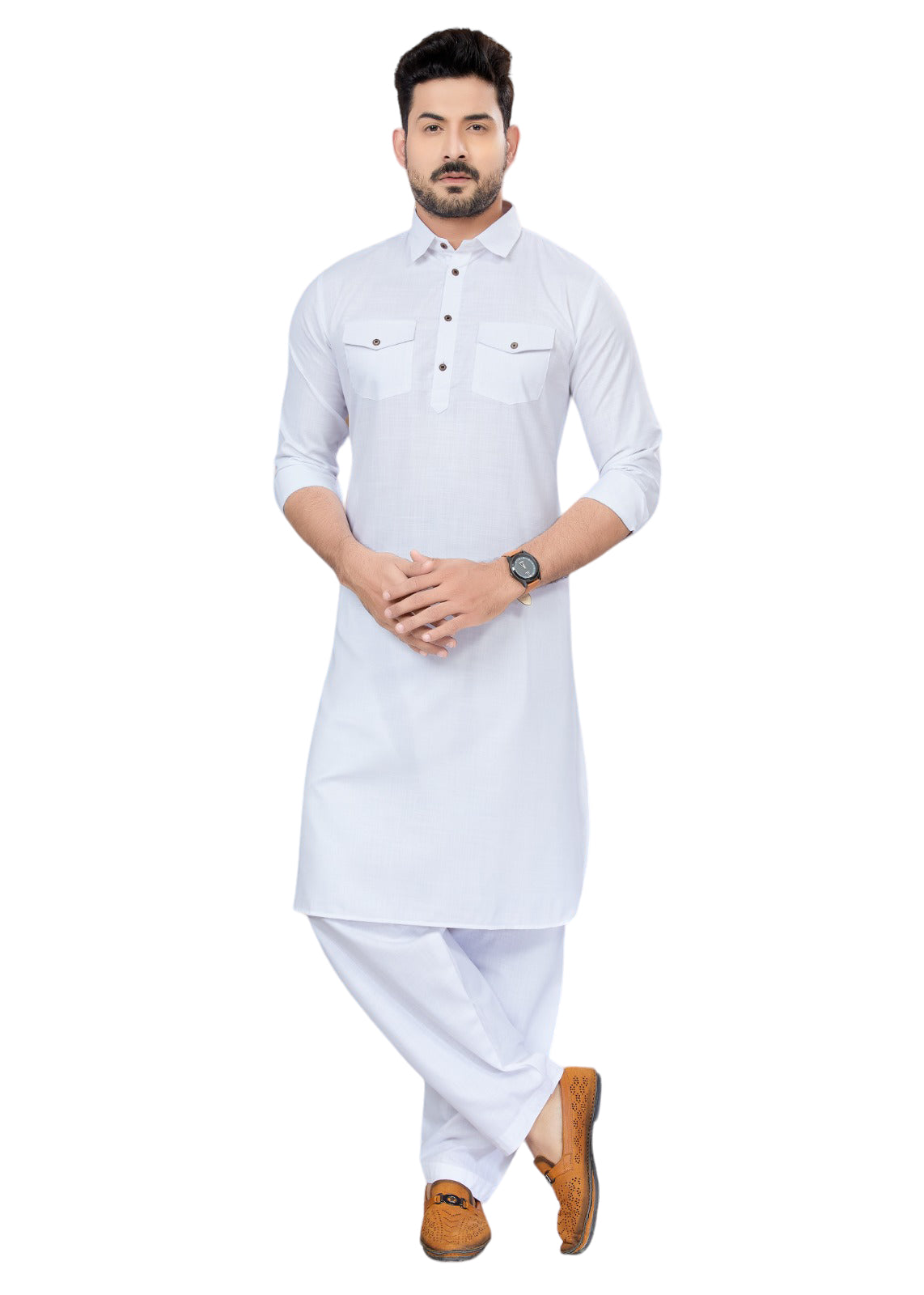 TRADITIONAL WHITE PATHANI COTTON KURTA PAJAMA OUTFIT– ETHNIC WEAR FOR MENS