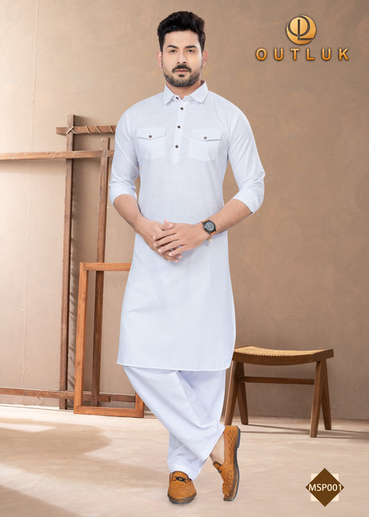 TRADITIONAL WHITE PATHANI COTTON KURTA PAJAMA OUTFIT– ETHNIC WEAR FOR MENS