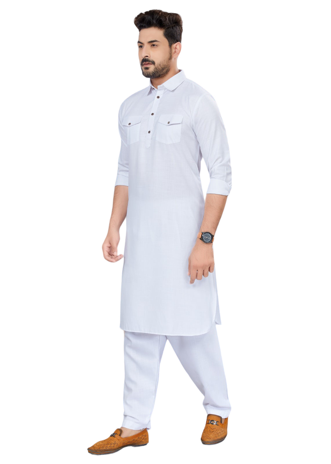 TRADITIONAL WHITE PATHANI COTTON KURTA PAJAMA OUTFIT– ETHNIC WEAR FOR MENS