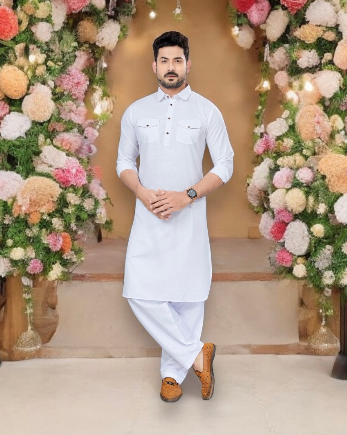 TRADITIONAL WHITE PATHANI COTTON KURTA PAJAMA OUTFIT– ETHNIC WEAR FOR MENS