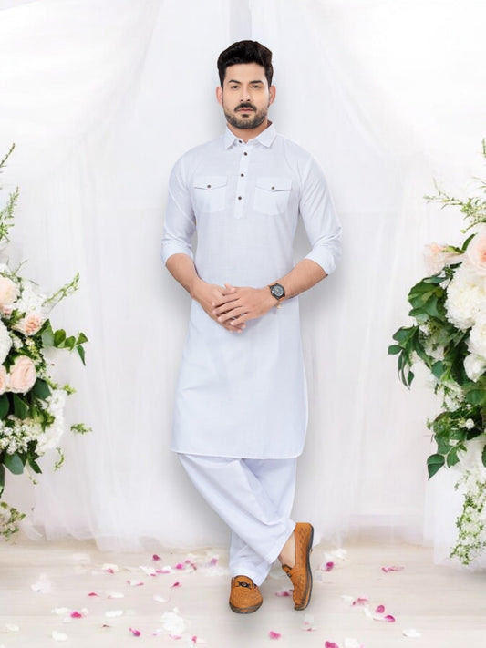 TRADITIONAL WHITE PATHANI COTTON KURTA PAJAMA OUTFIT– ETHNIC WEAR FOR MENS