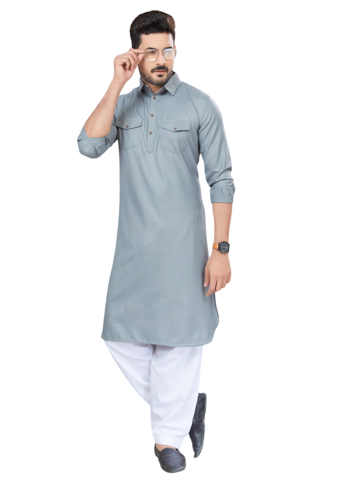 TRADITIONAL GRAY PATHANI COTTON KURTA PAJAMA OUTFIT– ETHNIC WEAR FOR MENS