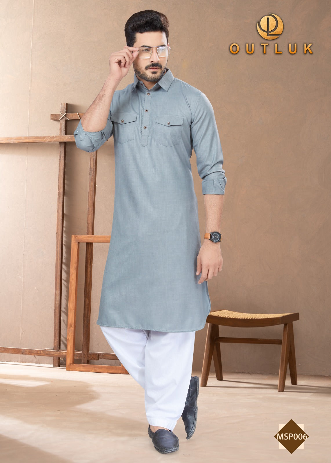 TRADITIONAL GRAY PATHANI COTTON KURTA PAJAMA OUTFIT– ETHNIC WEAR FOR MENS
