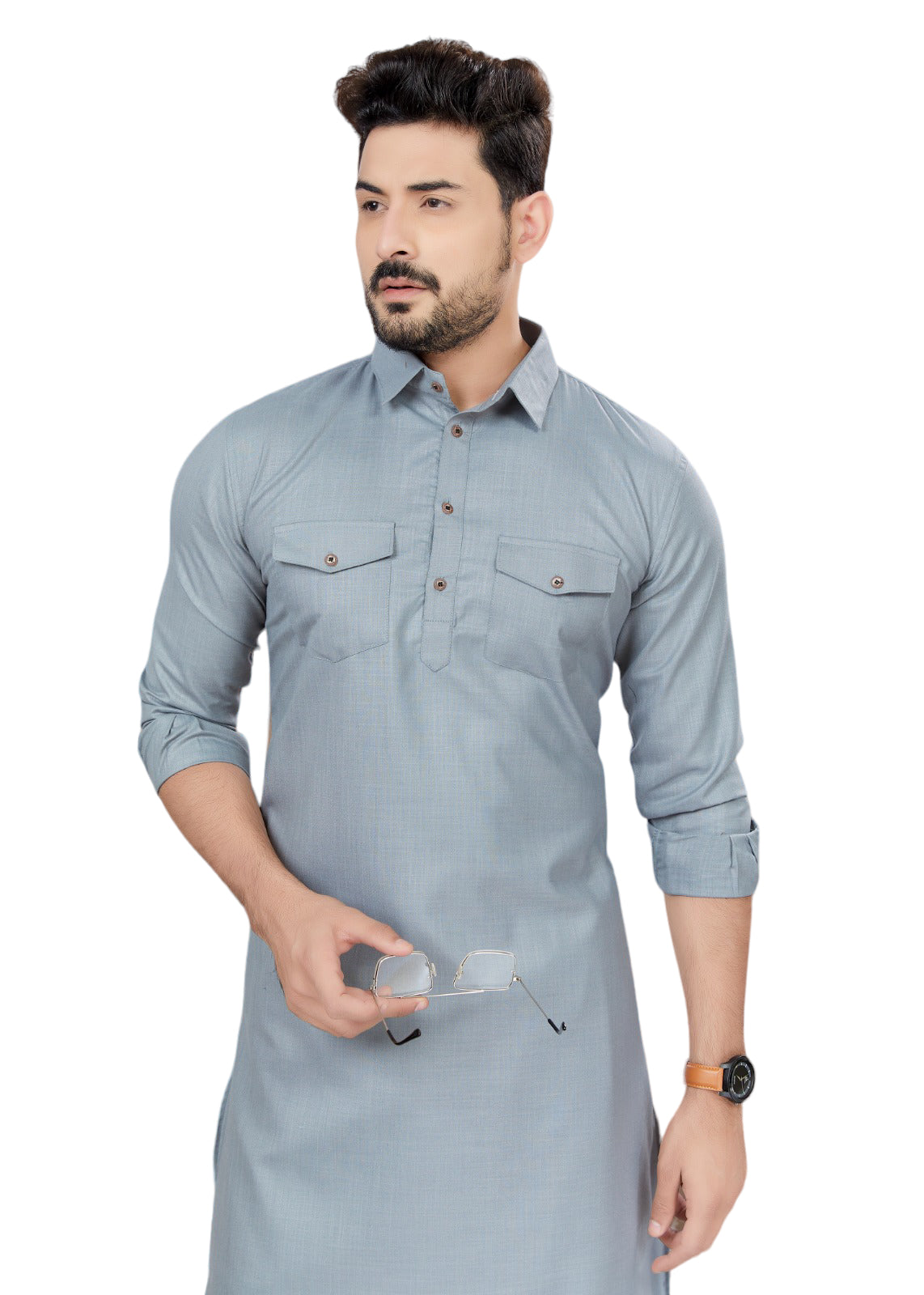 TRADITIONAL GRAY PATHANI COTTON KURTA PAJAMA OUTFIT– ETHNIC WEAR FOR MENS