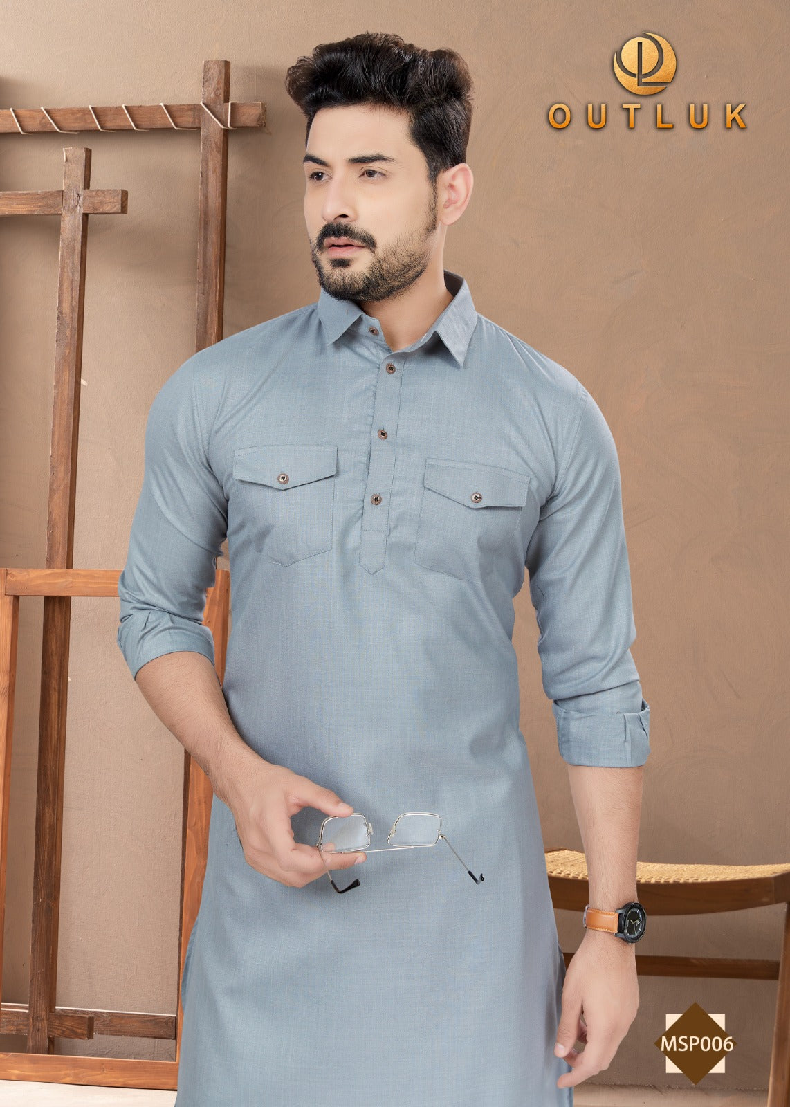 TRADITIONAL GRAY PATHANI COTTON KURTA PAJAMA OUTFIT– ETHNIC WEAR FOR MENS