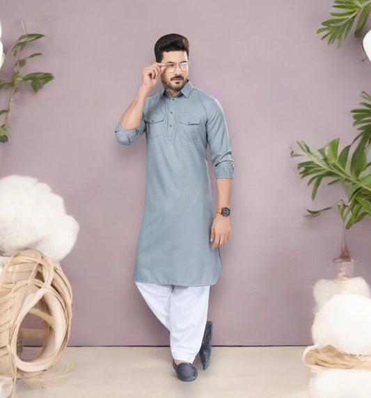 TRADITIONAL GRAY PATHANI COTTON KURTA PAJAMA OUTFIT– ETHNIC WEAR FOR MENS