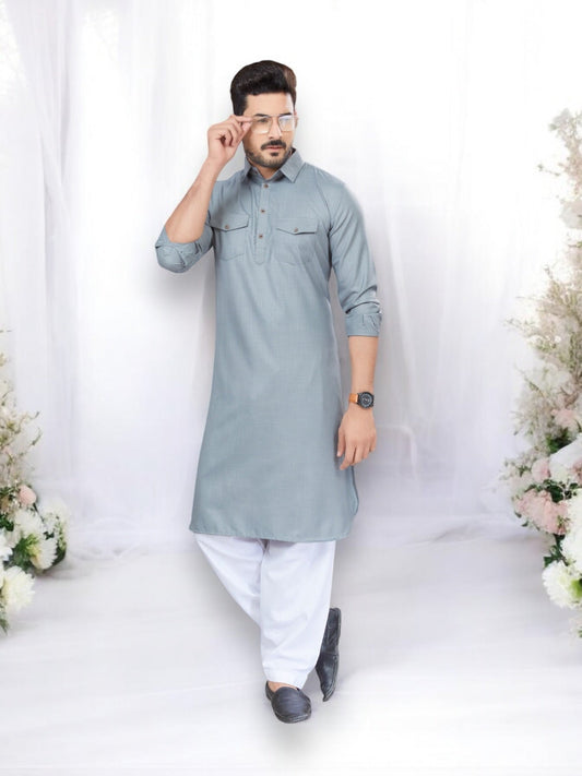 TRADITIONAL GRAY PATHANI COTTON KURTA PAJAMA OUTFIT– ETHNIC WEAR FOR MENS