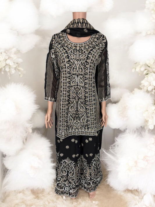 BLACK TRADITIONAL DESIGNER SHARARA SALWAR KAMEEZ SUIT - ETHNIC WEAR FOR WOMEN - 206