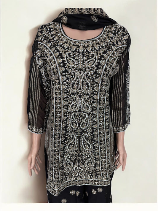 BLACK TRADITIONAL DESIGNER SHARARA SALWAR KAMEEZ SUIT - ETHNIC WEAR FOR WOMEN - 206