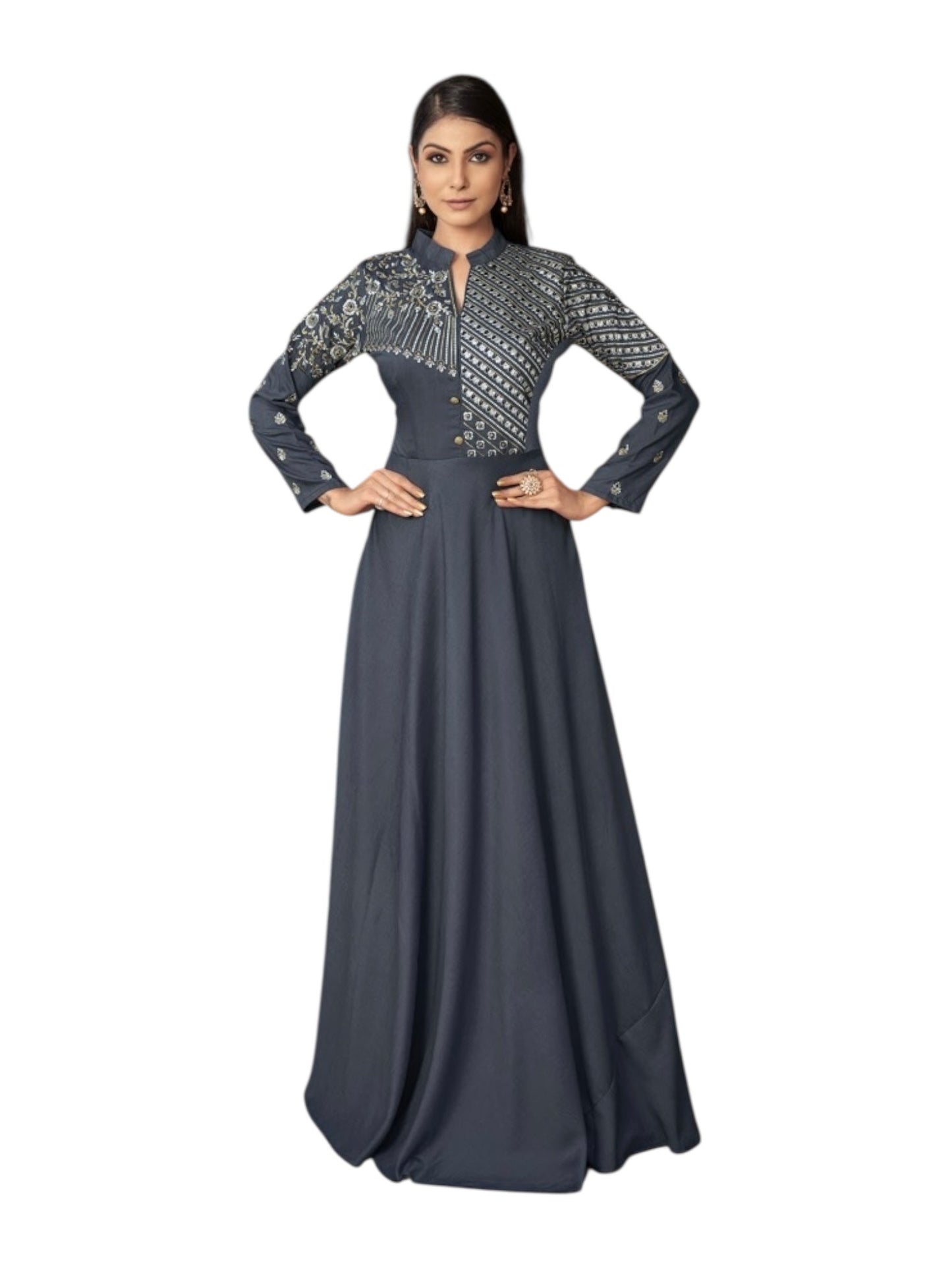 GRAY COLOR MASLIN EMBROIDERY TRADITIONAL DESIGNER GOWN - ETHNIC WEAR FOR WOMEN - 313