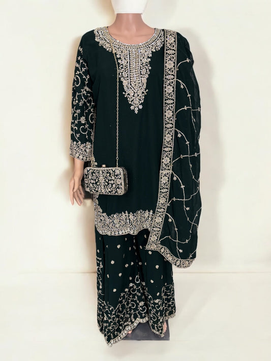 GREEN- TRADITIONAL DESIGNER SALWAR KAMEEZ SUIT WITH HANDBAG- ETHNIC WEAR FOR WOMEN - 229