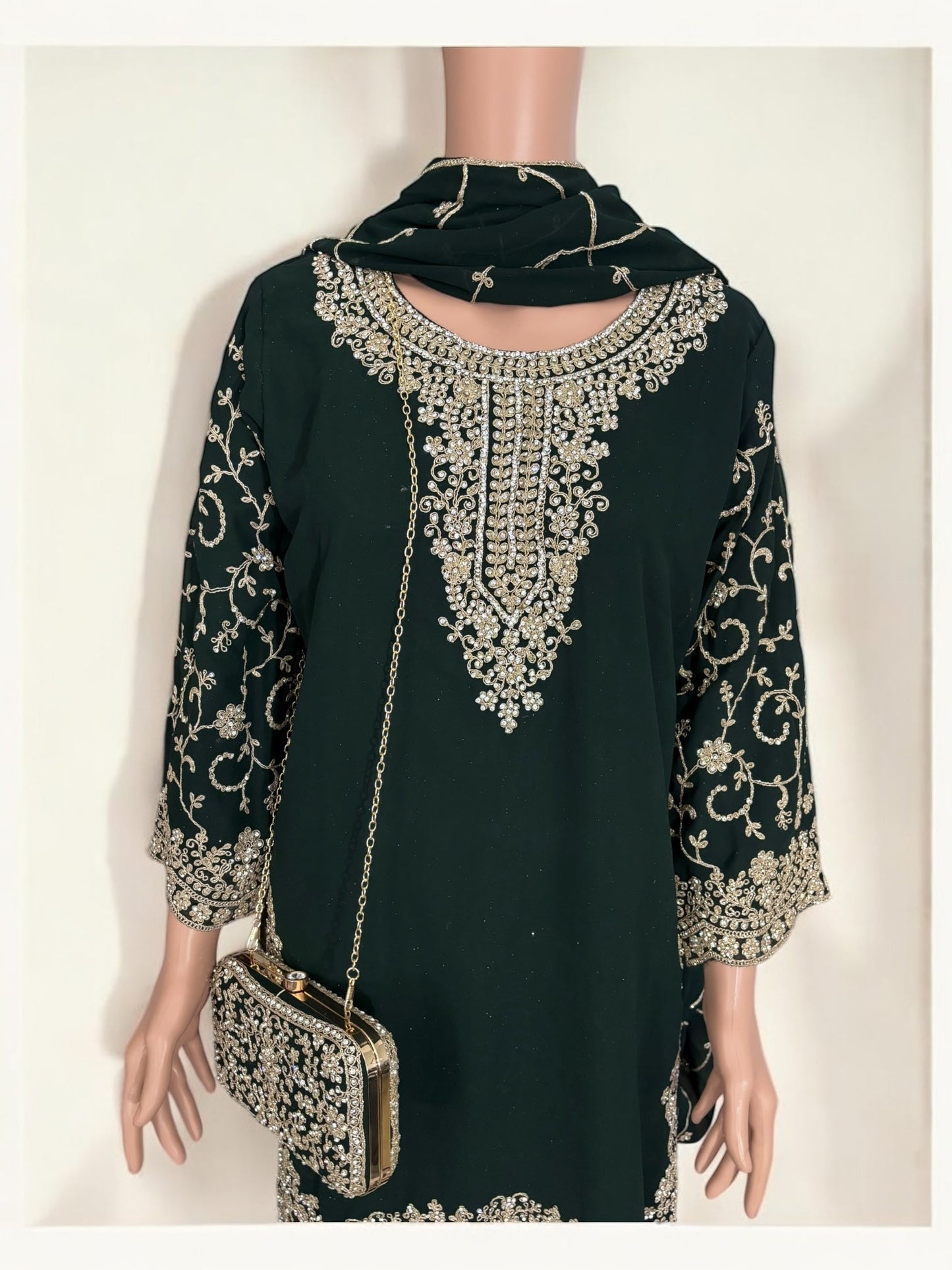 GREEN- TRADITIONAL DESIGNER SALWAR KAMEEZ SUIT WITH HANDBAG- ETHNIC WEAR FOR WOMEN - 229