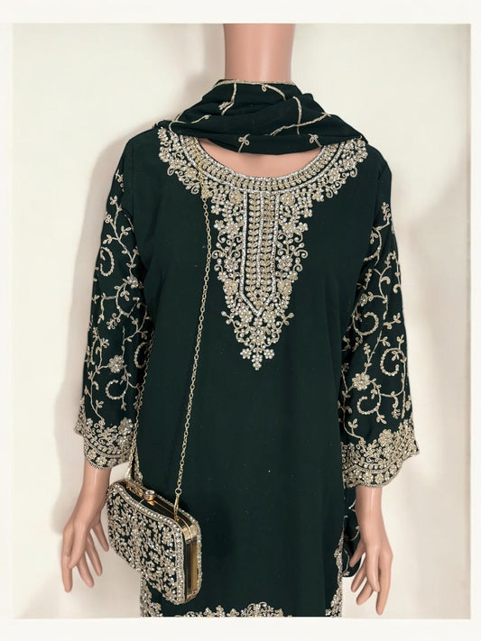 GREEN- TRADITIONAL DESIGNER SALWAR KAMEEZ SUIT WITH HANDBAG- ETHNIC WEAR FOR WOMEN - 229
