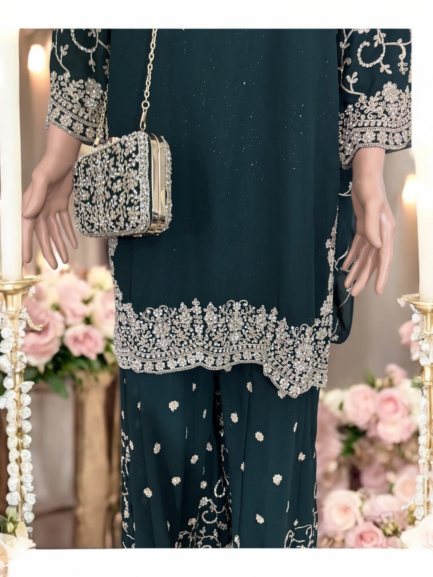GREEN- TRADITIONAL DESIGNER SALWAR KAMEEZ SUIT WITH HANDBAG- ETHNIC WEAR FOR WOMEN - 229