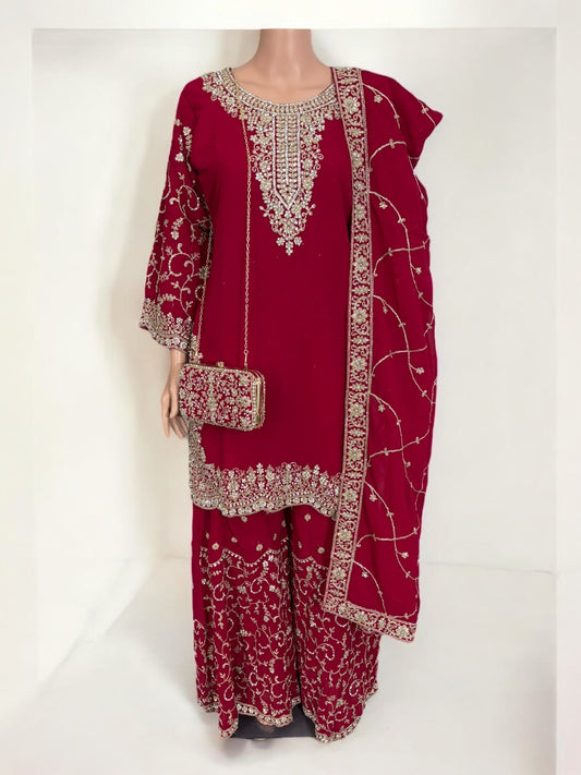 MAGENTA- TRADITIONAL DESIGNER SALWAR KAMEEZ SUIT WITH HANDBAG- ETHNIC WEAR FOR WOMEN - 230