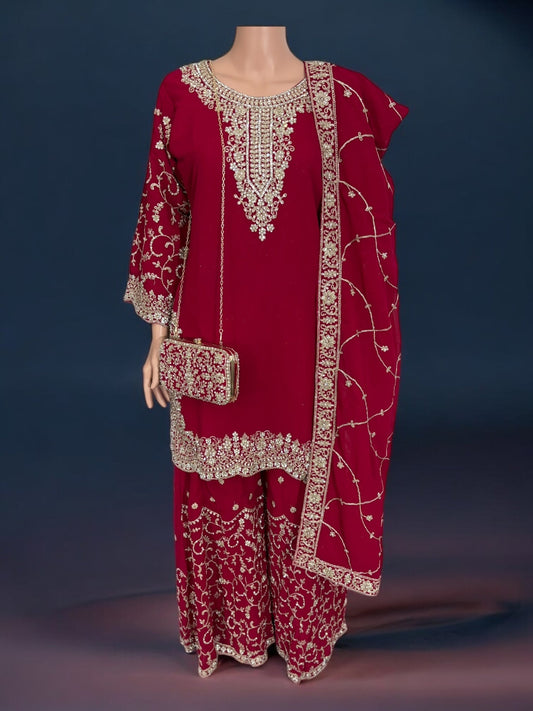 MAGENTA- TRADITIONAL DESIGNER SALWAR KAMEEZ SUIT WITH HANDBAG- ETHNIC WEAR FOR WOMEN - 230