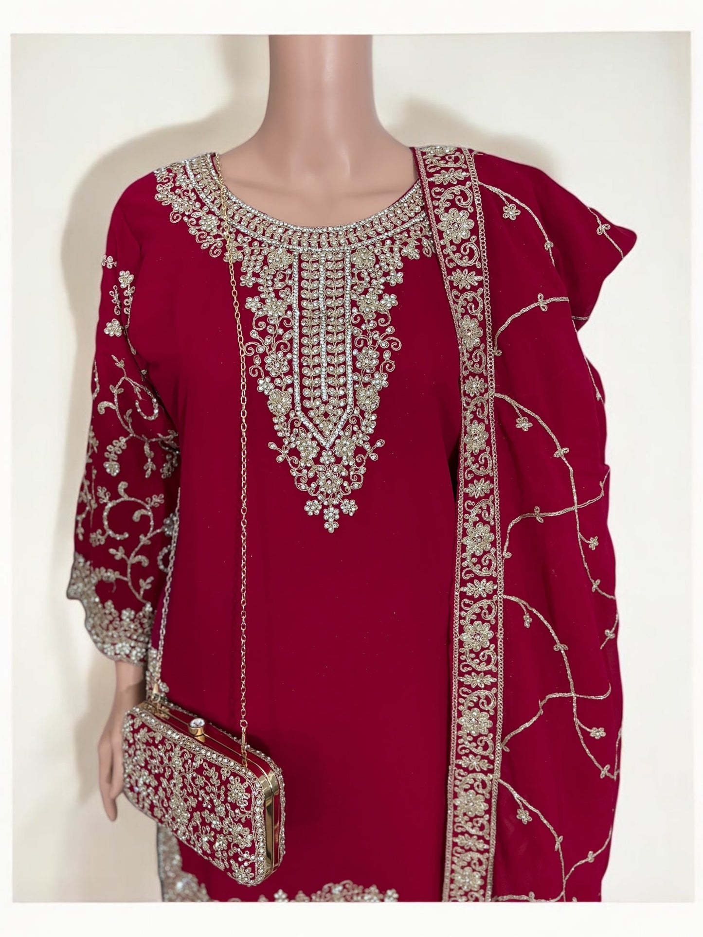 MAGENTA- TRADITIONAL DESIGNER SALWAR KAMEEZ SUIT WITH HANDBAG- ETHNIC WEAR FOR WOMEN - 230