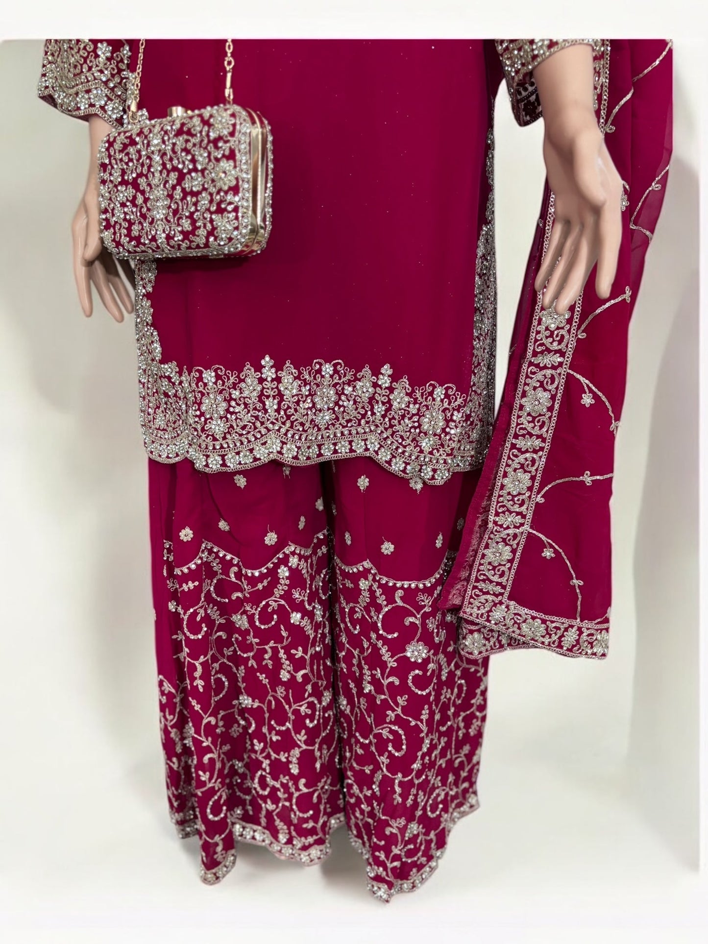 MAGENTA- TRADITIONAL DESIGNER SALWAR KAMEEZ SUIT WITH HANDBAG- ETHNIC WEAR FOR WOMEN - 230