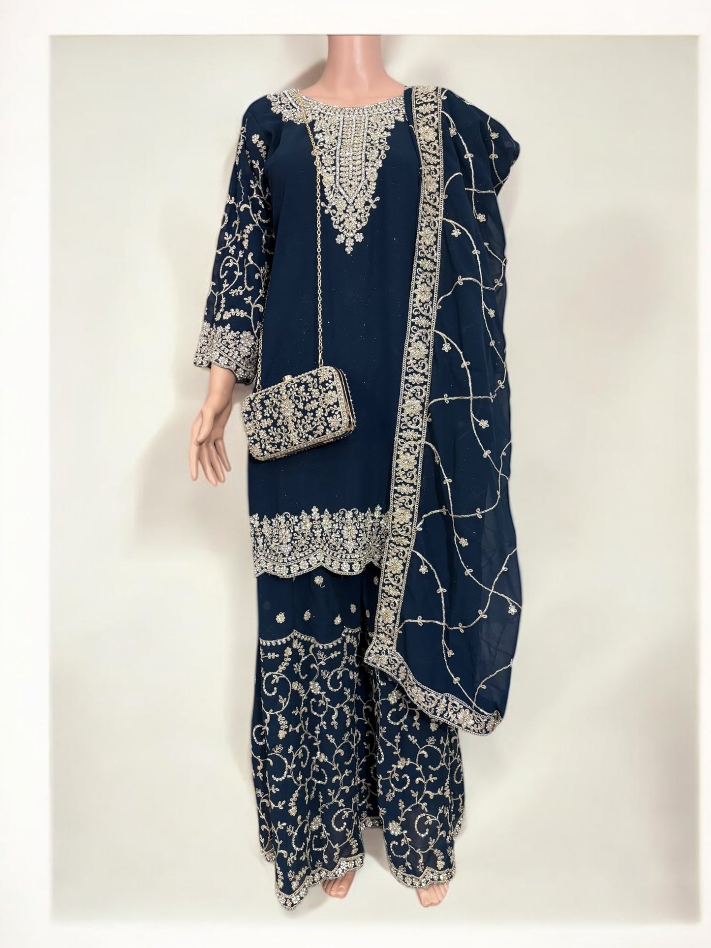 NAVY BLUE- TRADITIONAL DESIGNER SALWAR KAMEEZ SUIT WITH HANDBAG- ETHNIC WEAR FOR WOMEN - 228