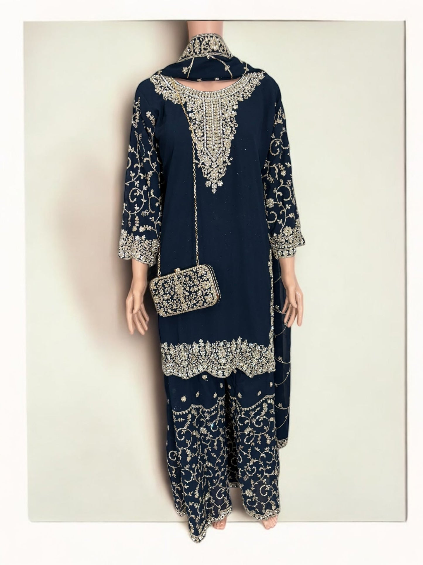 NAVY BLUE- TRADITIONAL DESIGNER SALWAR KAMEEZ SUIT WITH HANDBAG- ETHNIC WEAR FOR WOMEN - 228